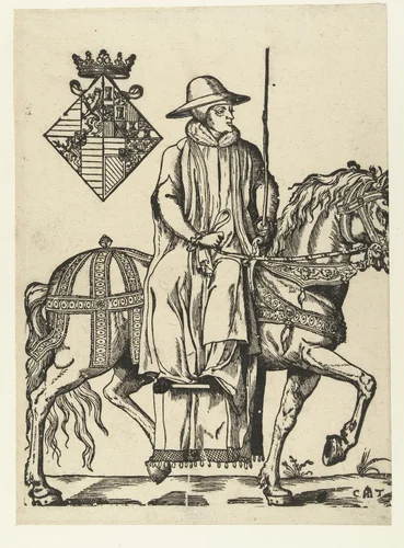 Portret van Maria van Hongarije te paard by Unknown, print, 1538-1548