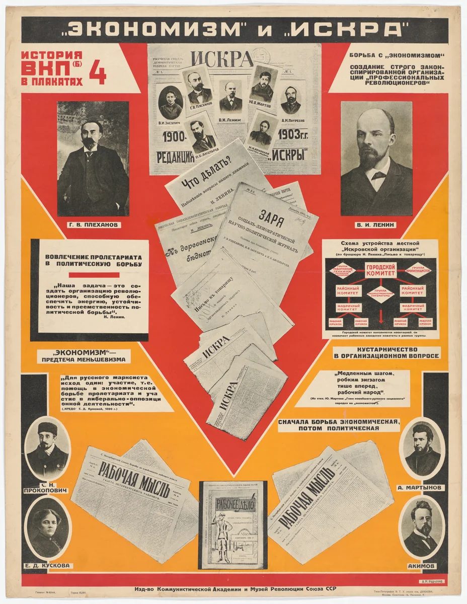 “Economism” and "Iskra" (“Ekonomizm” i “Iskra”). Poster no. 4 of 25 from the series The History of the All-Union Communist Party (of Bolsheviks) in Posters (lstoria VKP[b] v plakatakh) by Aleksandr Rodchenko, print, 1926