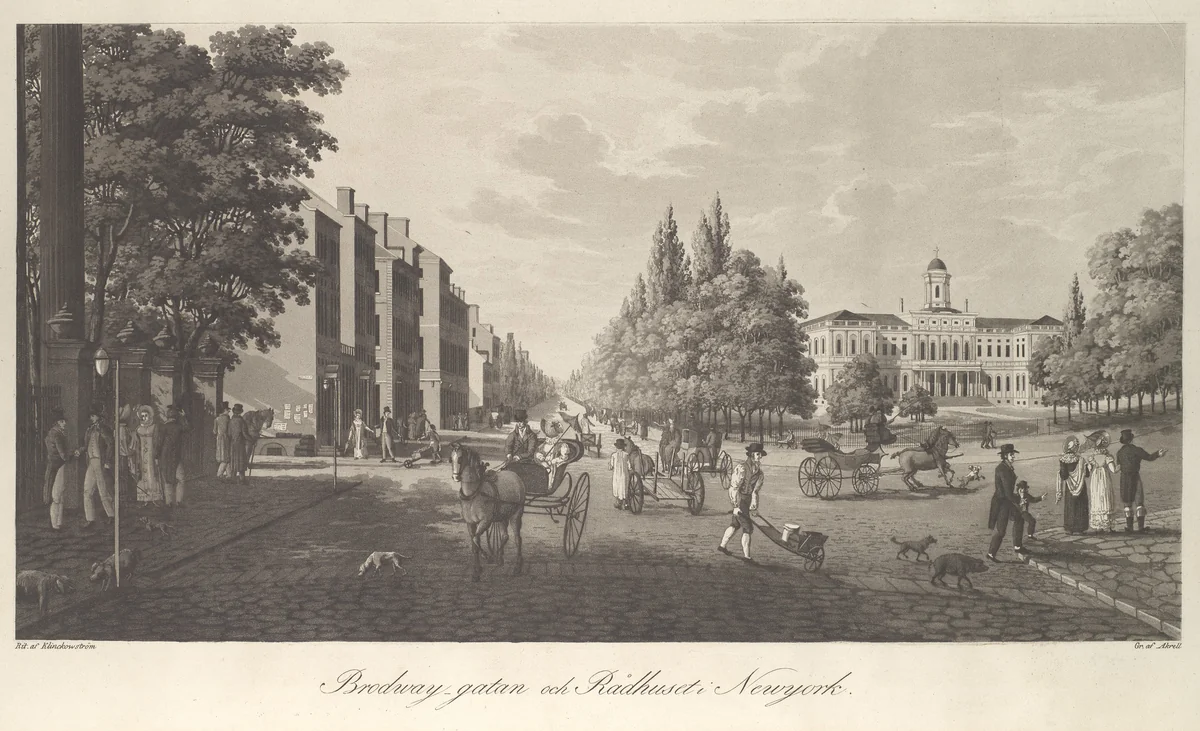 Broadway and City Hall in New York (Brodway-Gatan Och Rådhuset i New York) by Carl Fredrik Akrell, print, 1824