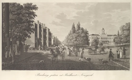 Broadway and City Hall in New York (Brodway-Gatan Och Rådhuset i New York) by Carl Fredrik Akrell, print, 1824