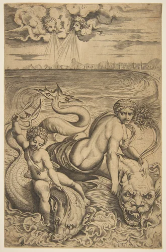 Venus and Cupid riding two sea monsters, Cupid raises an arrow in his right hand, two heads representing wind in the clouds above by Marco Dente, print, 1510-1532
