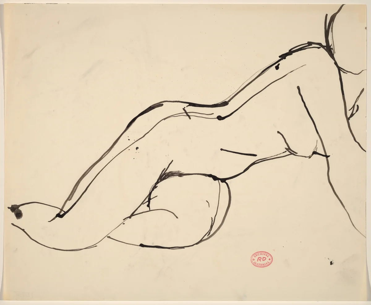 Untitled [nude resting on her side and lifting up on her right arm] by Richard Diebenkorn, drawing, 1955-1967