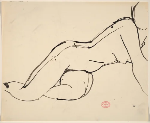 Untitled [nude resting on her side and lifting up on her right arm] by Richard Diebenkorn, drawing, 1955-1967