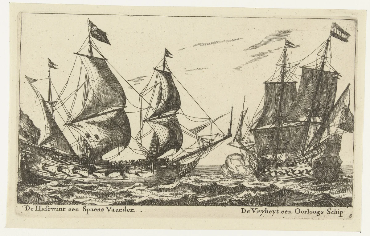 De schepen De Vrijheid en De Hazewind by anonymous, print, 1652-1714