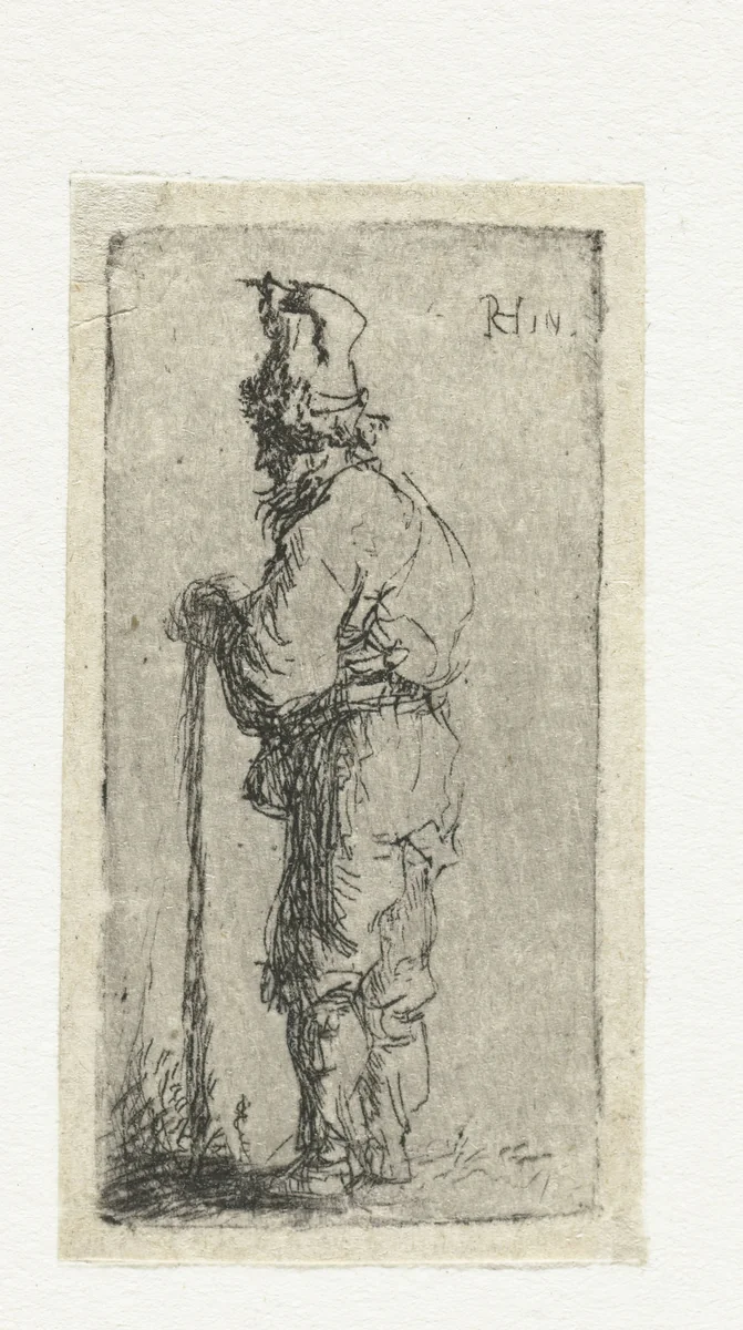 Bedelaar leunend op een stok by anonymous, print, 1630-1700