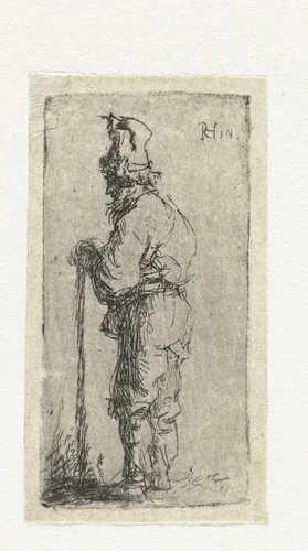 Bedelaar leunend op een stok by anonymous, print, 1630-1700