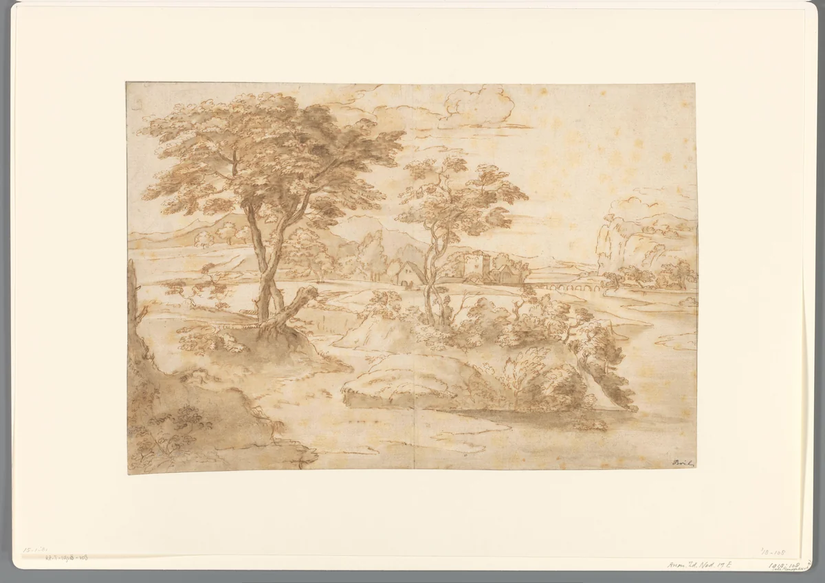 Boomrijk landschap met in de verte enkele gebouwen by anonymous, drawing, 1600-1699