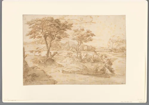 Boomrijk landschap met in de verte enkele gebouwen by anonymous, drawing, 1600-1699