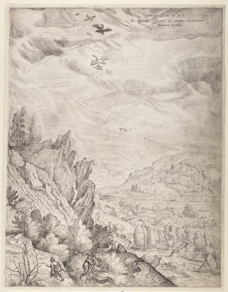 Bohemian Landscape with Couples and Hunters (right plate) by Jacob Matham, print, 1601-1611