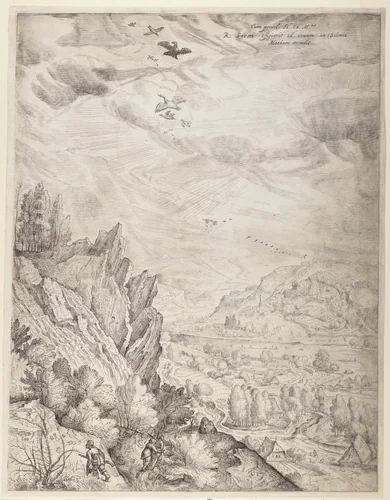 Bohemian Landscape with Couples and Hunters (right plate) by Jacob Matham, print, 1601-1611
