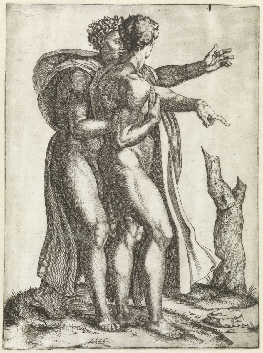 Twee gebarende naakte mannen by Unknown, print, 1510-1527