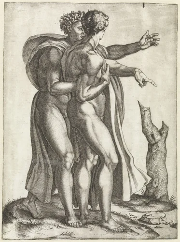 Twee gebarende naakte mannen by Unknown, print, 1510-1527