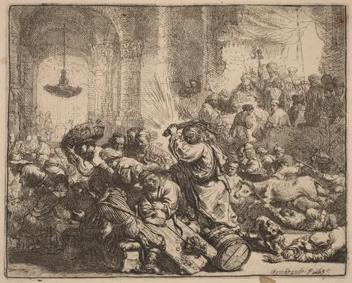Christ Driving the Money Changers from the Temple by Rembrandt van Rijn, print, 1635