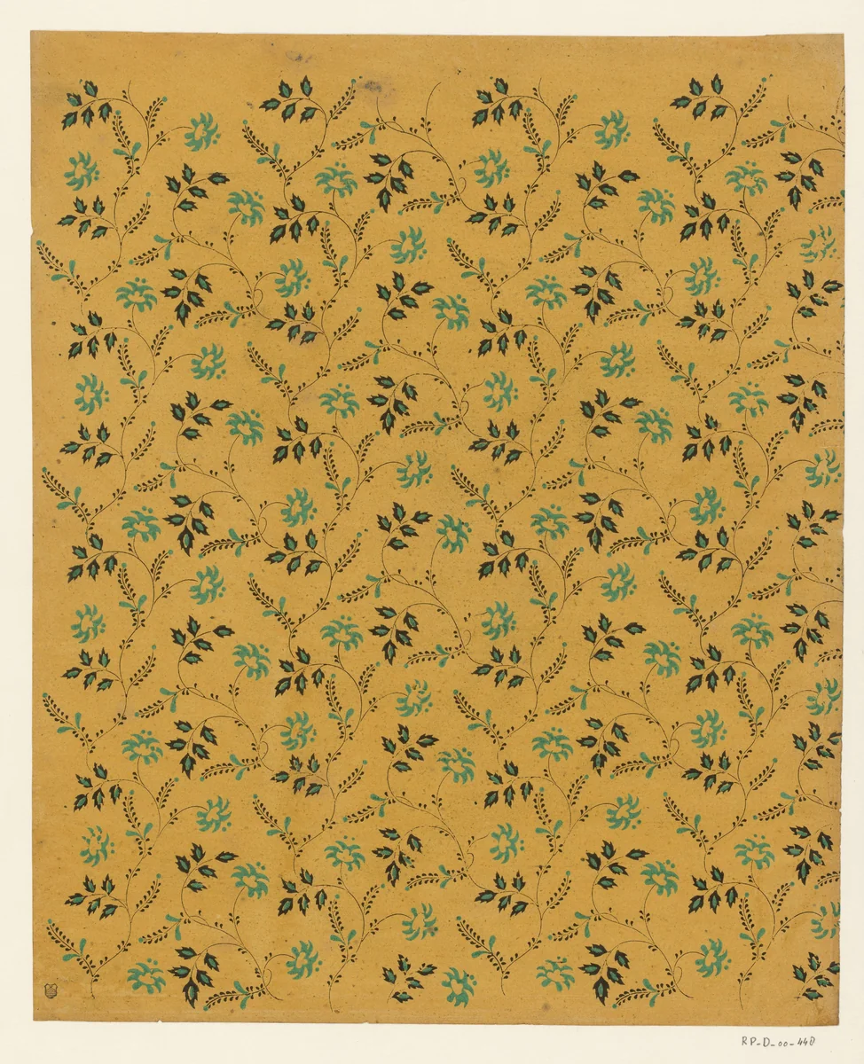 Blad met regelmatig over het blad slingerende ranken met bloemen by anonymous, print, 1800-1900