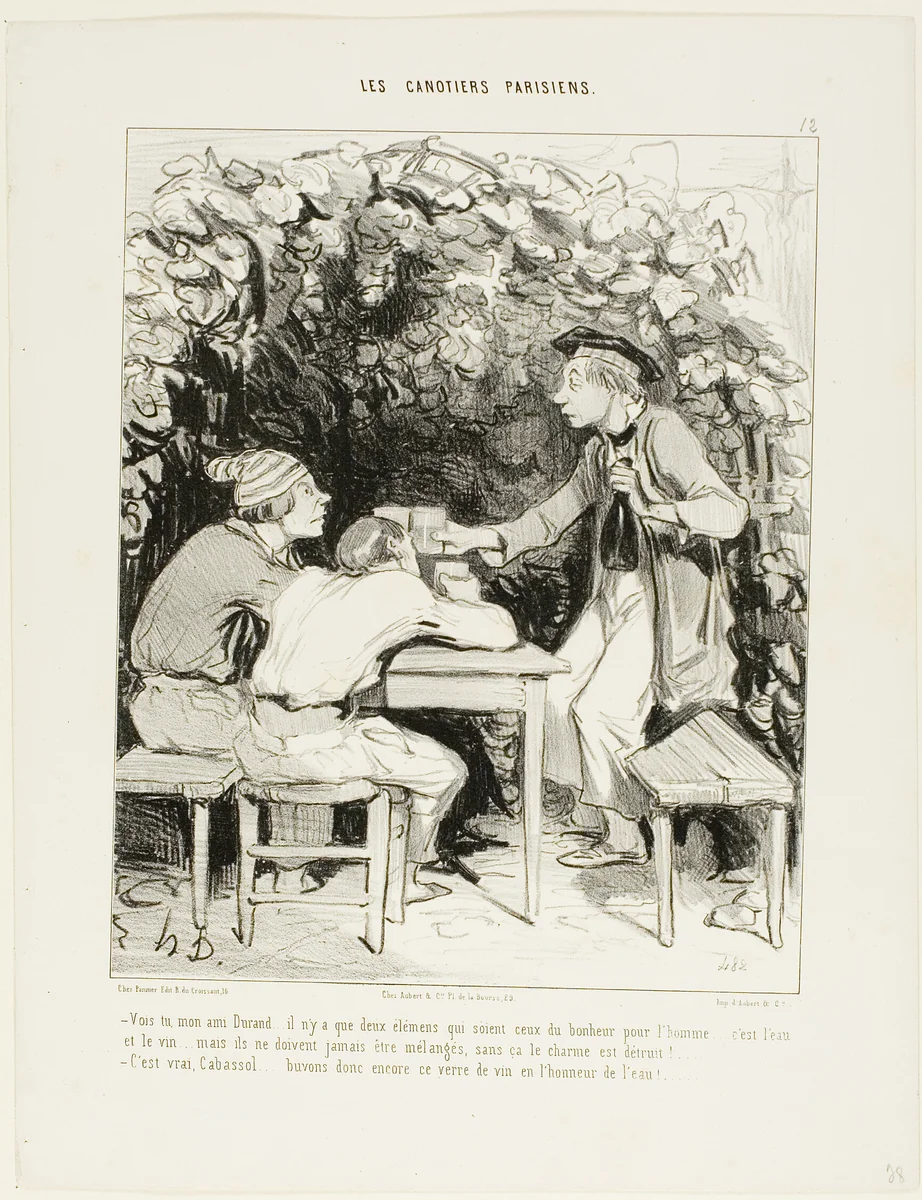 “- You see, my friend Durand.... there are only two important components of happiness for a man: water and wine... but they must never be mixed, otherwise they lose their charm. - Quite right, Cabassol.... let's drink another glass of wine in honour of water!,” plate 12 from Les Canotiers Parisiens by Honoré-Victorin Daumier, print, 1843