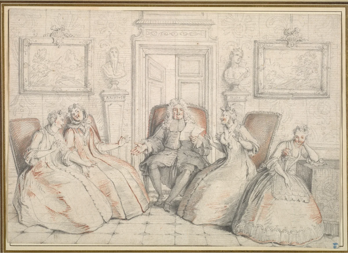 Trissotin Reading to Philaminte, Bélise, and Armande (from act 3, scene 2 of Molière's "Les Femmes Savantes" by Charles Coypel, drawing, 1725-1726