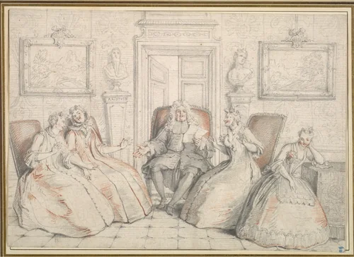 Trissotin Reading to Philaminte, Bélise, and Armande (from act 3, scene 2 of Molière's "Les Femmes Savantes" by Charles Coypel, drawing, 1725-1726