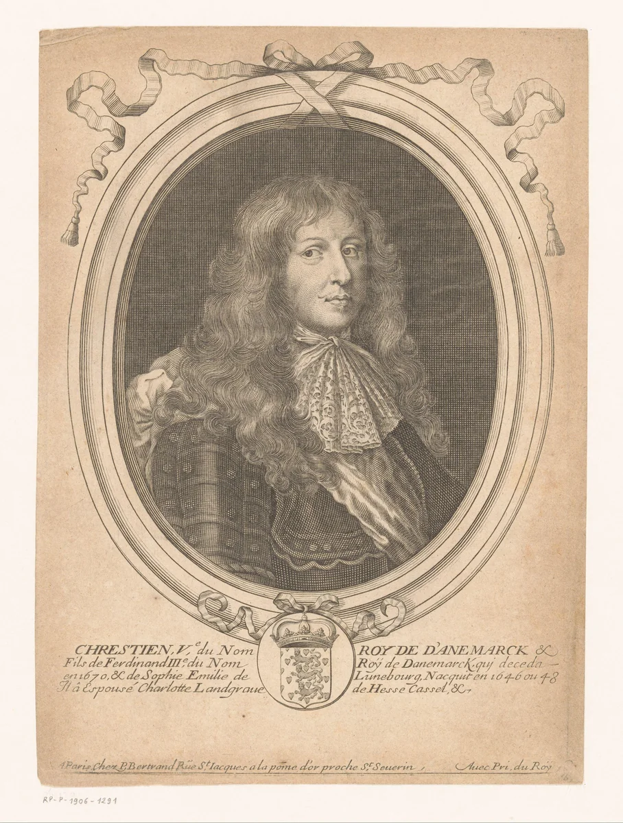 Portret van koning Christiaan V van Denemarken by anonymous, print, 1655-1683