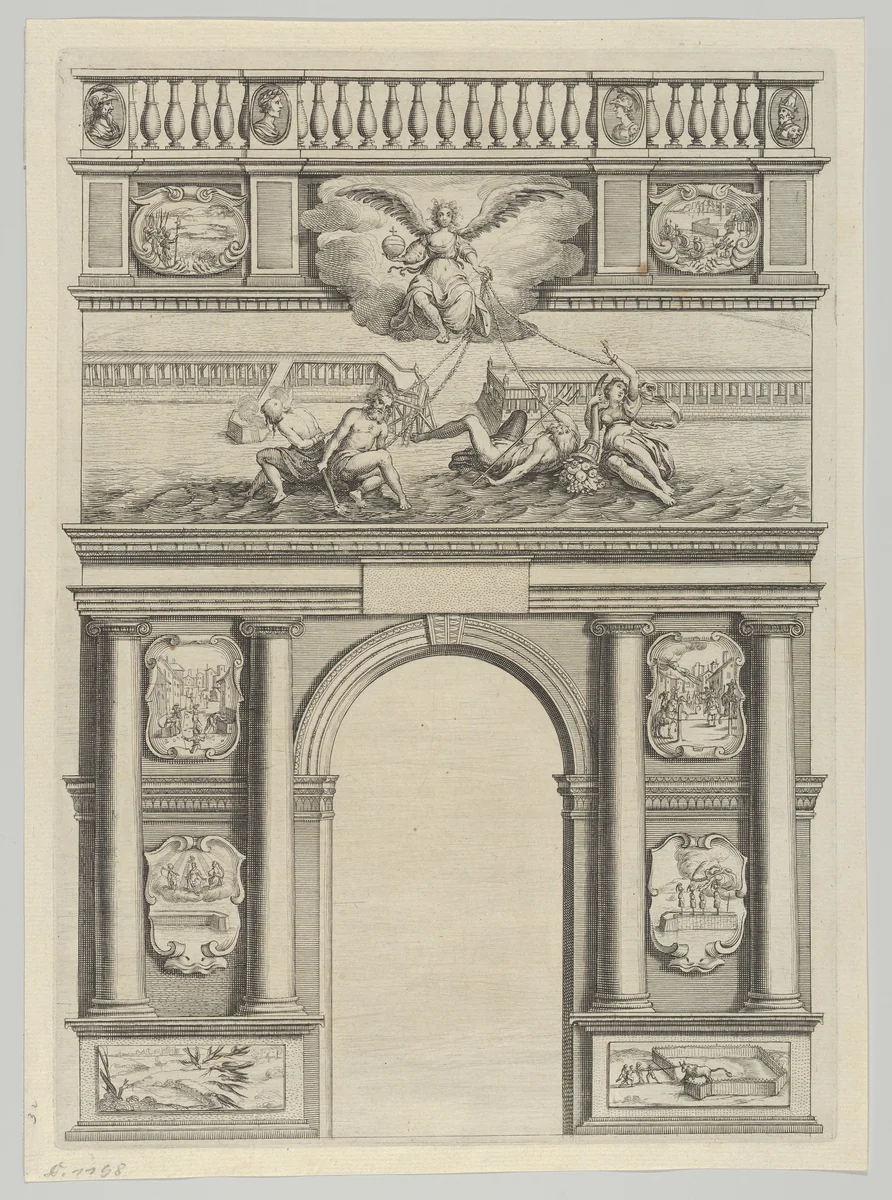 Triumphal arch, from 'Éloges et discours sur la triomphante réception du Roy en sa ville de Paris ...' by Jean-Baptiste de Machault by Melchior Tavernier, print, 1629