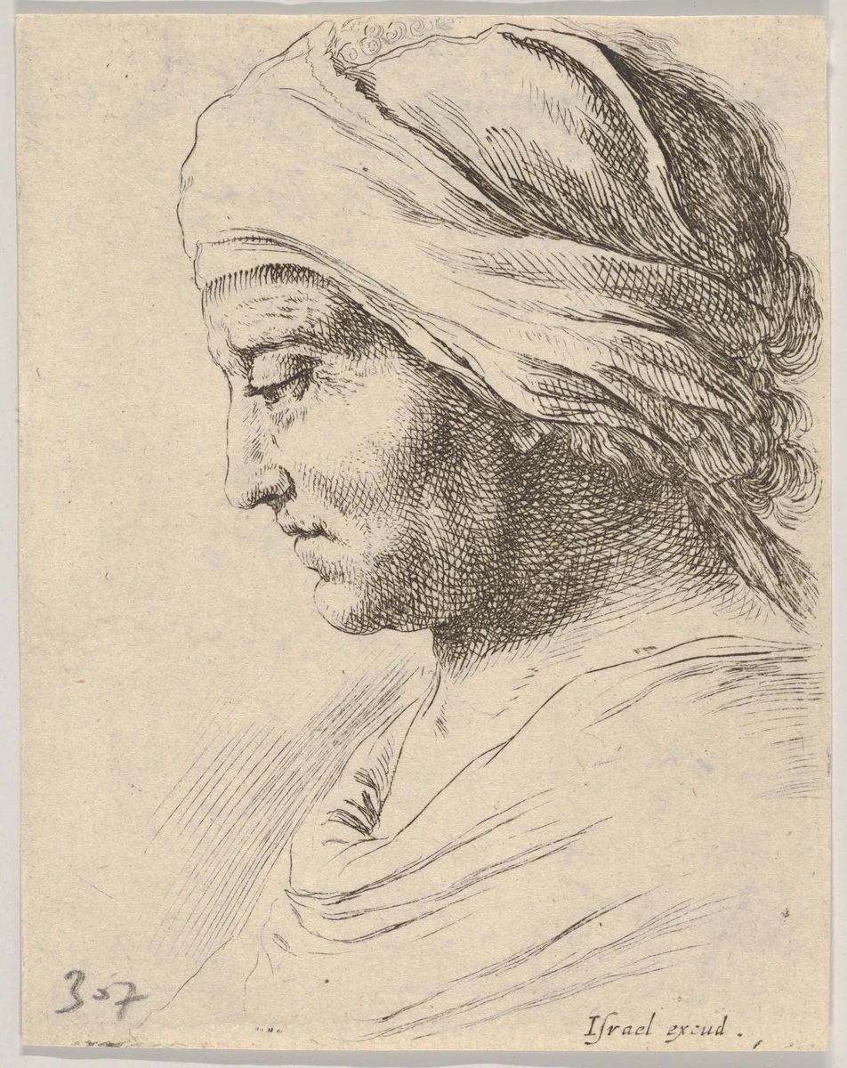 Plate 16: Head of an old man in profile with a cloth tied around his head, from "The Book for Learning to Draw" (Livre pour apprendre à dessiner) by Stefano della Bella, print, 1647-1652