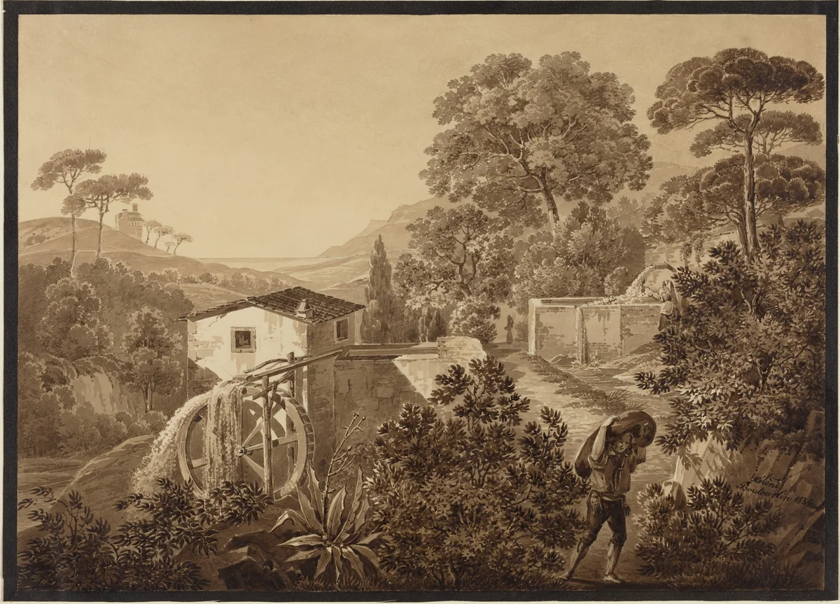Italian Landscape with a Watermill by Hélène Boutourlin, drawing, 1834