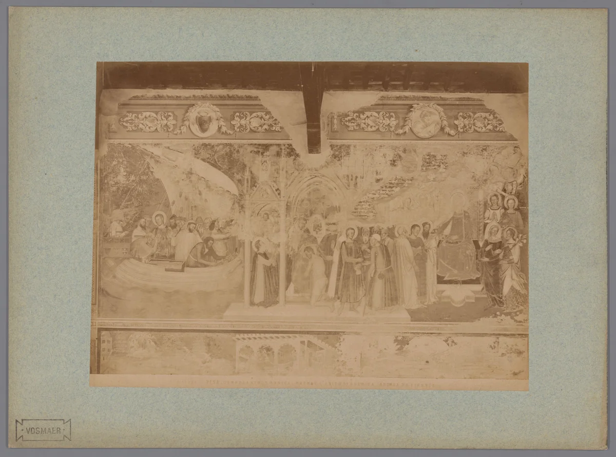 Fotoreproductie van het fresco Renier van Pisa neemt het kluizenaarskleed aan naar Andrea da Firenze in het Camposanto te Pisa, Italië by Fratelli Alinari, photograph, 1857-1900