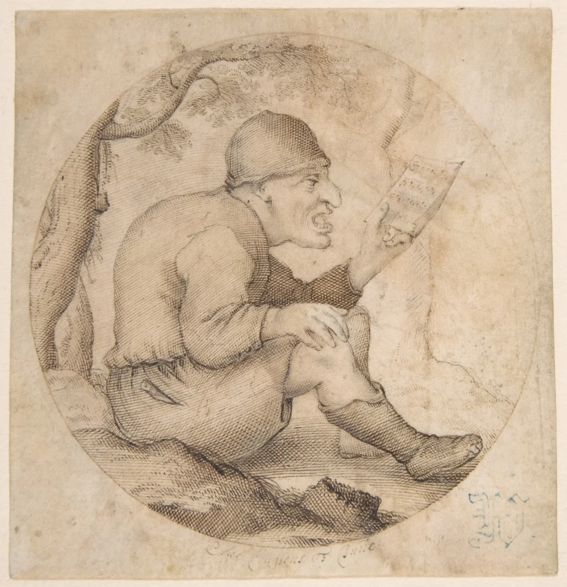 Seated Old Man Facing Right, Singing and Holding Music by Anton Crussens, drawing, 1640-1660