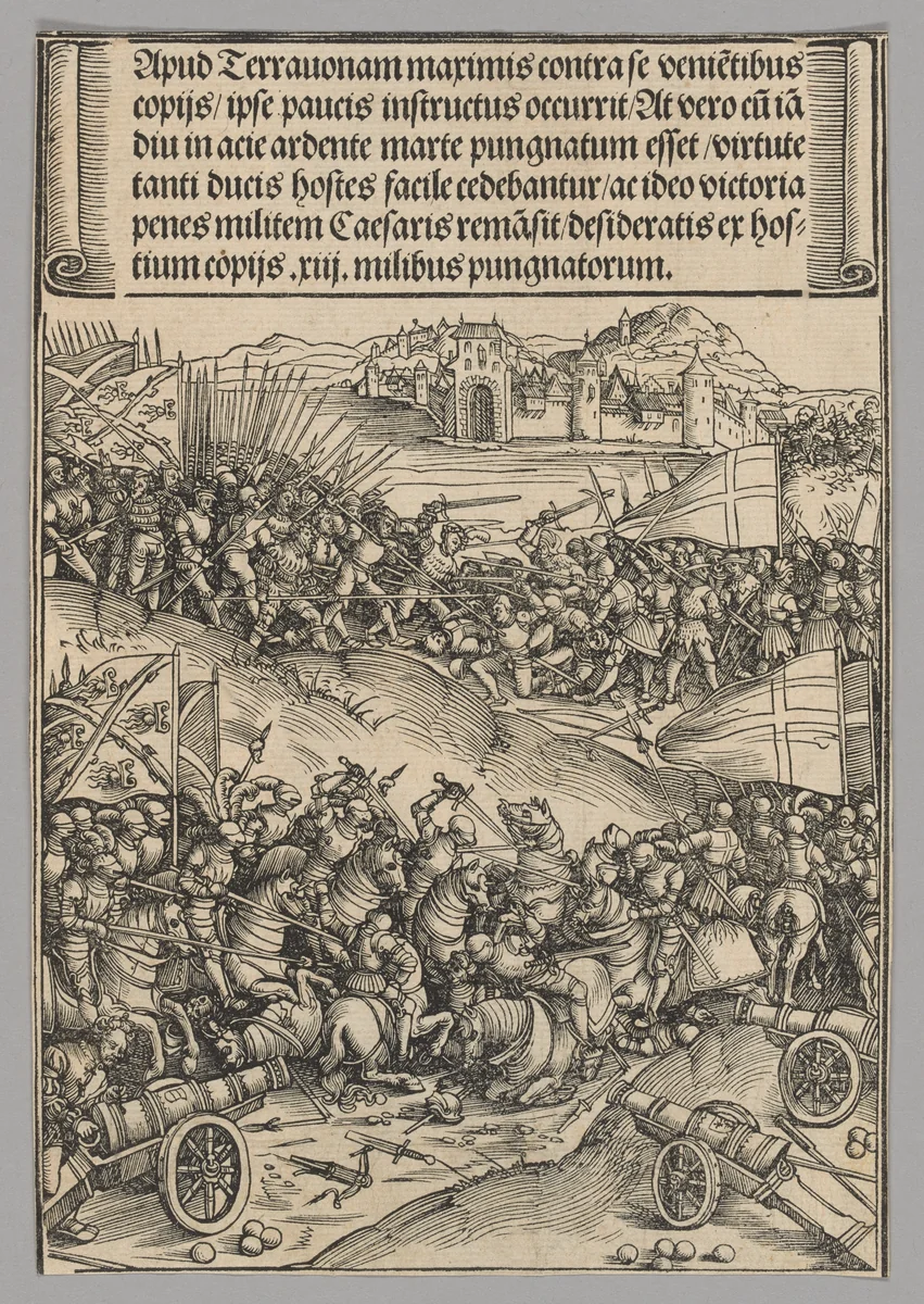 Battle of Guinegate, plate 4 from Historical Scenes from the Life of Emperor Maximilian I from the Triumphal Arch by Wolf Traut, print, 1515-1517