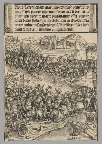 Battle of Guinegate, plate 4 from Historical Scenes from the Life of Emperor Maximilian I from the Triumphal Arch by Wolf Traut, print, 1515-1517