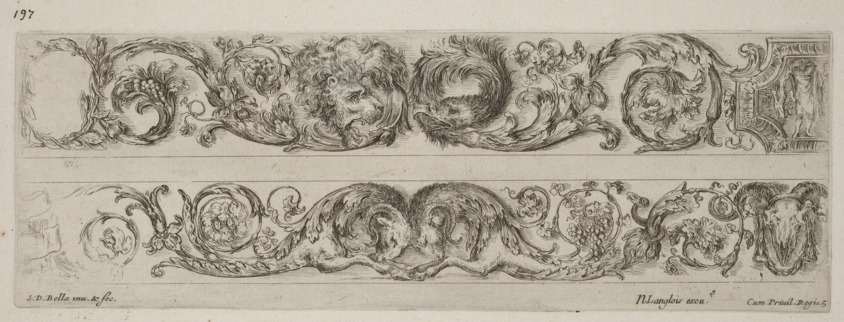 Two Ornamental Bands with Facing Heads of Lion and Eagle, and Two Rams by Stefano della Bella, print, 1648