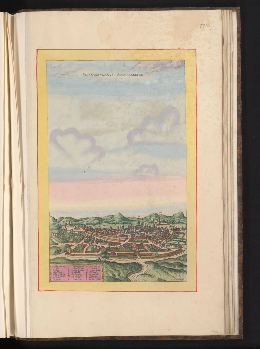 Gezicht op Montpellier in vogelvluchtperspectief by anonymous, book, 1610-1657