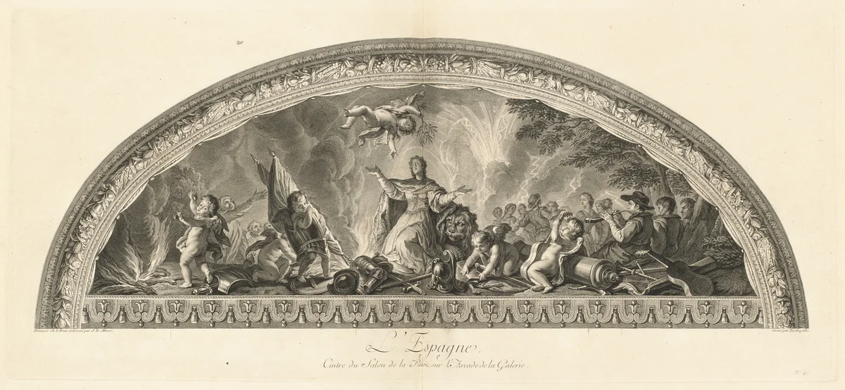 L'Espagne Cintre du Salon de la Paix sur l'Arcade de la Galerie (Spain, Center of the Salon of Peace in the Gallery's Arcade) [pl. 47] by Jean-Baptiste Massé; Jacques Nicolas Tardieu; Charles Le Brun, print, 1752