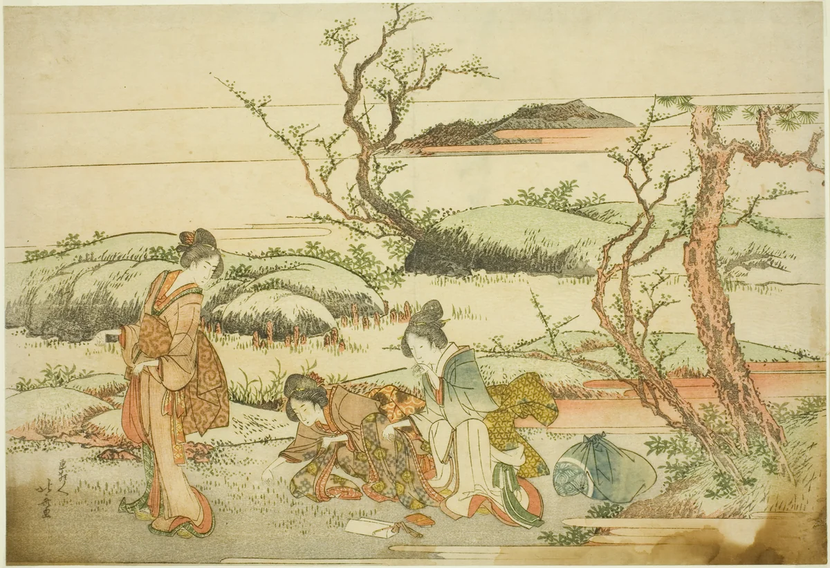 Gathering spring greens, from the album "Fuji in Spring (Haru no Fuji)" by Katsushika Hokusai (葛飾 北斎), print, 1803
