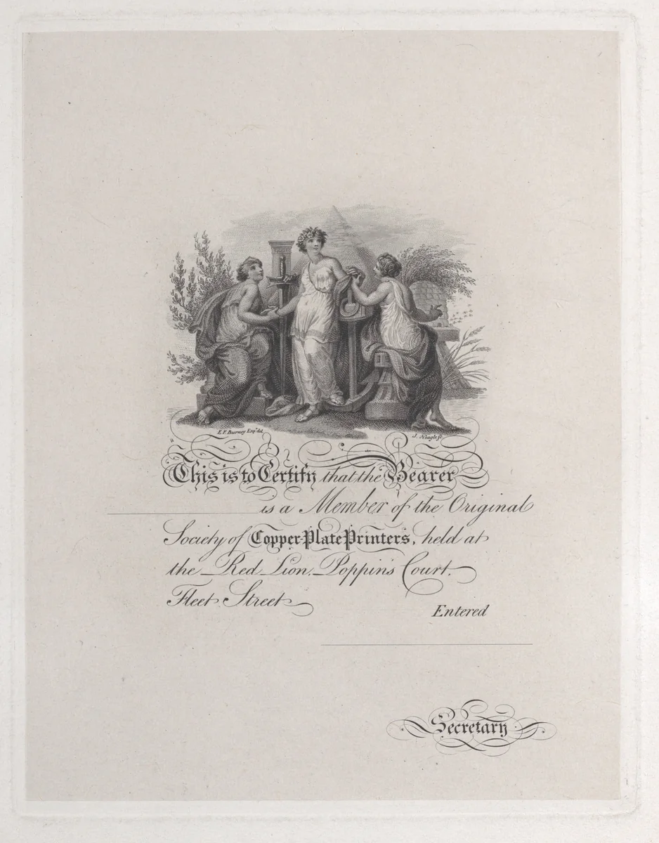 Certificate of Membership for the Society of Copper Plate Printers by James Neagle, print, 1800-1900