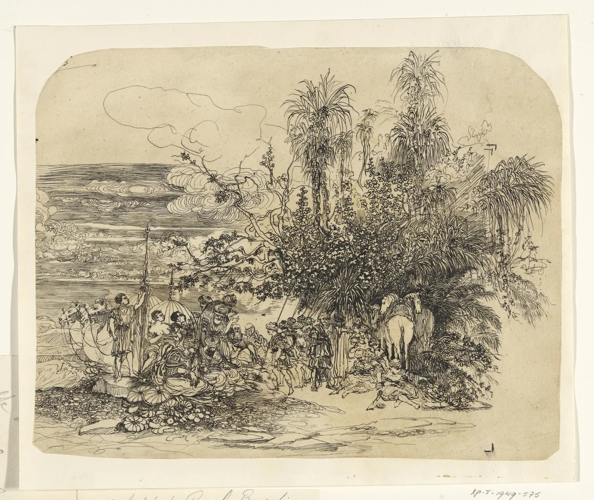 Landschap met een groep rustende oosterlingen met hun paarden en kamelen by Rodolphe Bresdin, drawing, 1832-1885