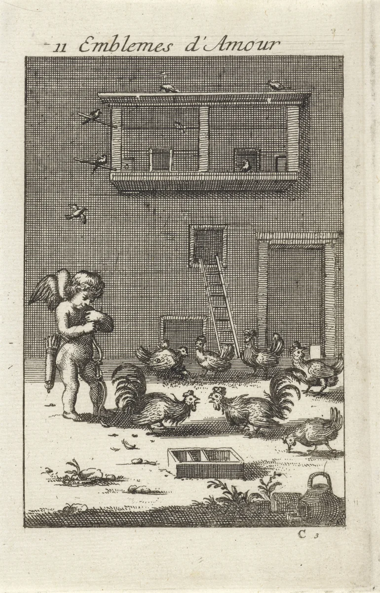 Amor bij twee vechtende hanen by Jan van Vianen, print, 1686