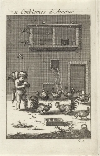 Amor bij twee vechtende hanen by Jan van Vianen, print, 1686