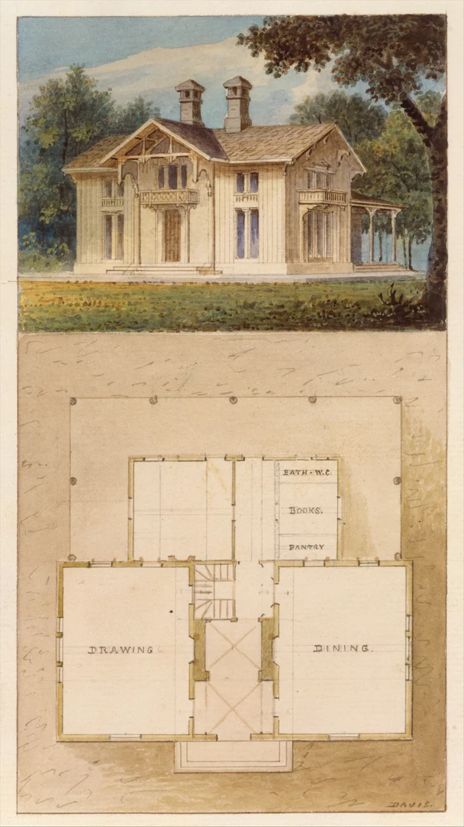 Design for a Cottage-Villa in the Bracketted Mode, Constructed in Wood (perspective and plan) by Alexander Jackson Davis, drawing, 1837-1847