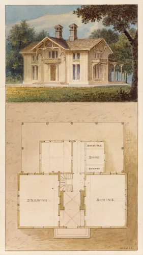 Design for a Cottage-Villa in the Bracketted Mode, Constructed in Wood (perspective and plan) by Alexander Jackson Davis, drawing, 1837-1847