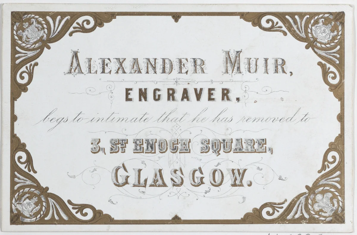 Trade Card for Alexander Muir, Engraver by anonymous, print, 1800-1900