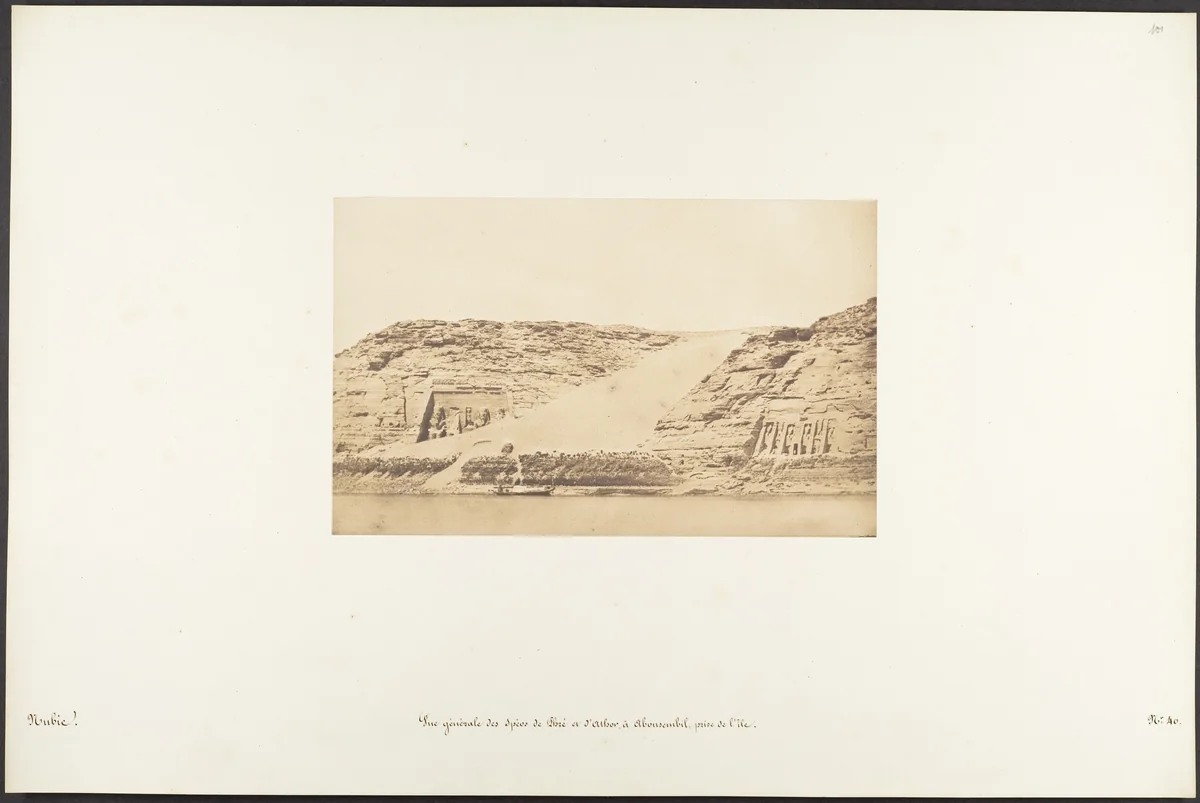 Vue générale des Spéos de Phré et d'Athor, à Abousembil, prise de l'île by Maxime Du Camp, photograph, 1850