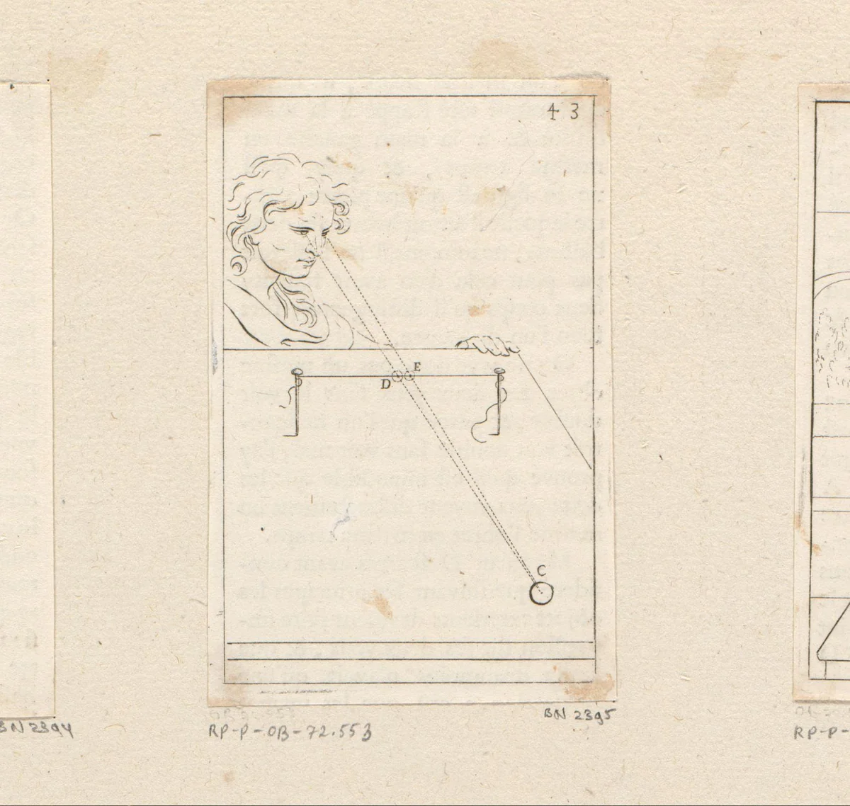 Man kijkt naar bal door draad gespannen tussen twee naalden by Sébastien Leclerc, print, 1679