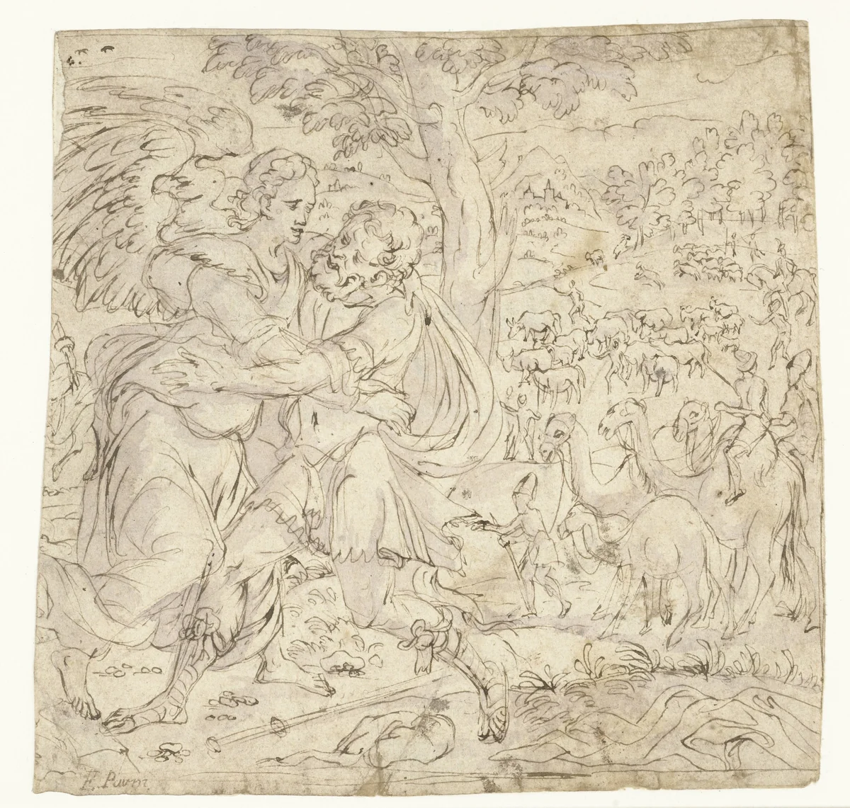 Jacob worstelt met de engel by Meester van de Lucas-Maanden, drawing, 1540-1571