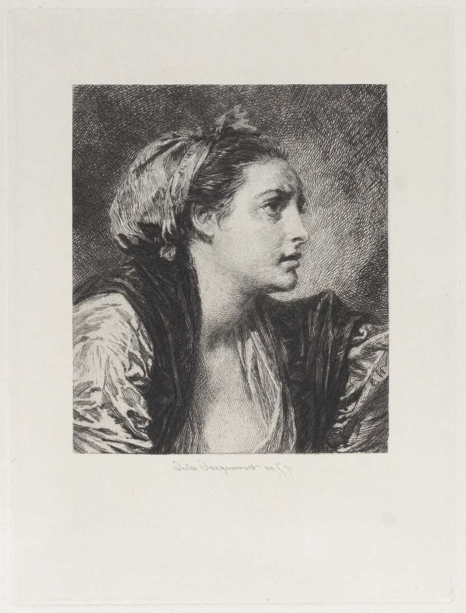 Head of a Woman, after Greuze, from "Etchings of Pictures in the Metropolitan Museum New York" by Jules Ferdinand Jacquemart, print, 1871