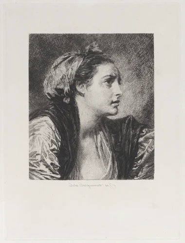 Head of a Woman, after Greuze, from "Etchings of Pictures in the Metropolitan Museum New York" by Jules Ferdinand Jacquemart, print, 1871