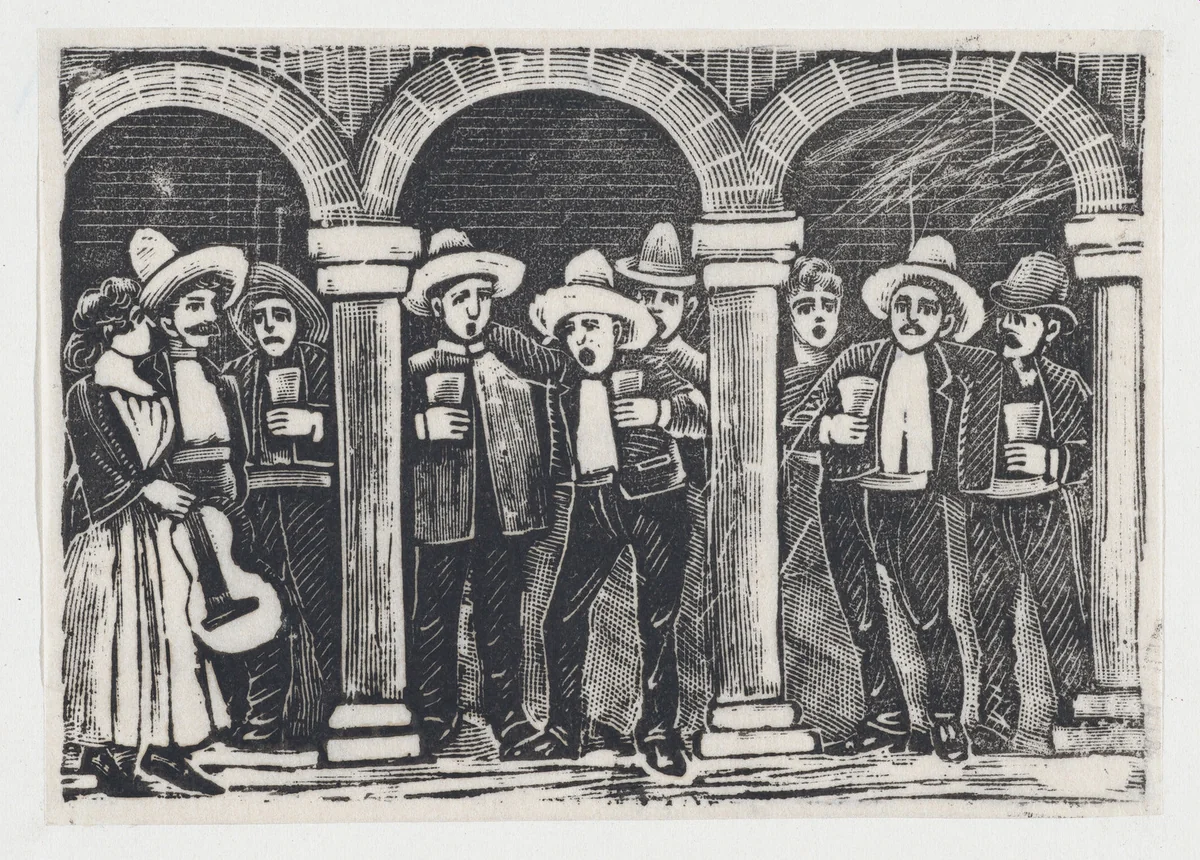 Musicians standing in an arcade having a drink by José Guadalupe Posada, print, 1891-1901