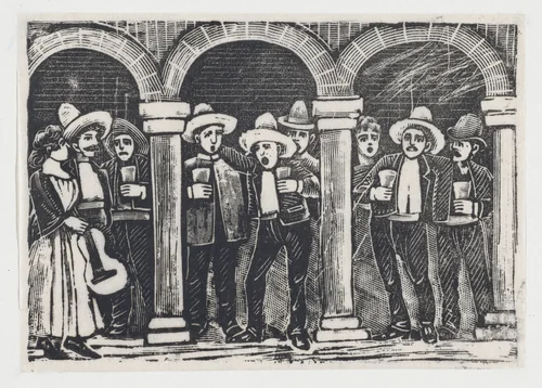 Musicians standing in an arcade having a drink by José Guadalupe Posada, print, 1891-1901