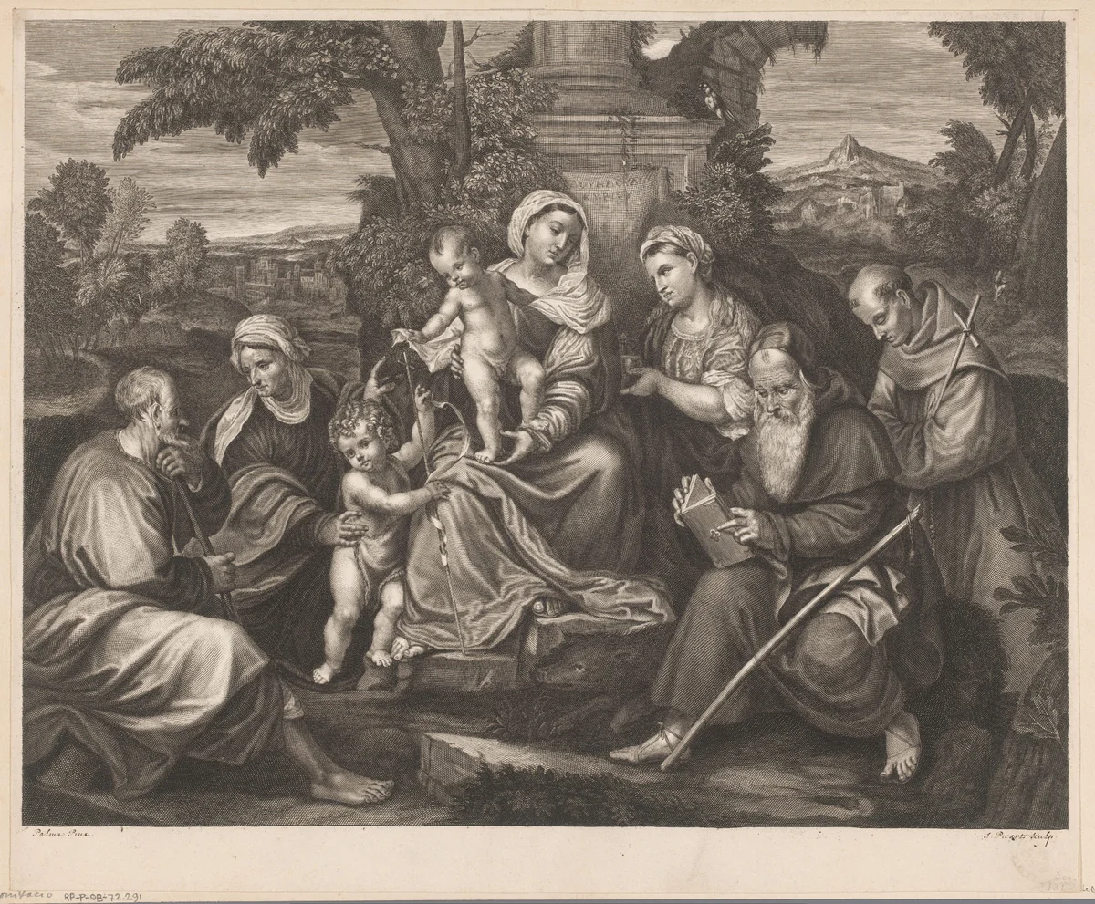 Heilige Familie omringd door heiligen by Etienne Picart, print, 1682