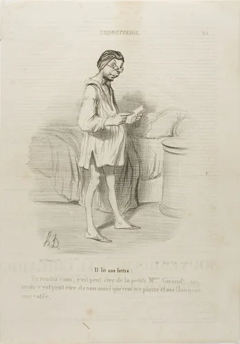 (He is reading a letter) “A date, could it be from the cute Mme Giraud?? Yes, but it could also come from her husband who wants to pinch me…,” plate 8 from Coquetterie by Honoré-Victorin Daumier, print, 1840