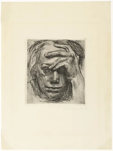 Self-Portrait, Hand at the Forehead (Selbstbildnis mit der Hand an der Stirn) by Käthe Kollwitz, print, 1910